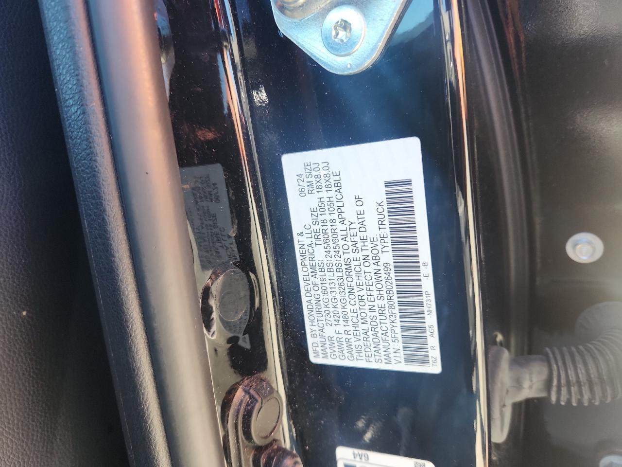 2024 Honda Ridgeline Black Edition VIN: 5FPYK3F80RB026499 Lot: 86134595