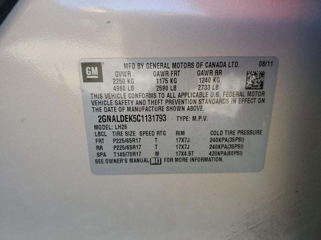 2012 Chevrolet Equinox Lt VIN: 2GNALDEK5C1131793 Lot: 85125885