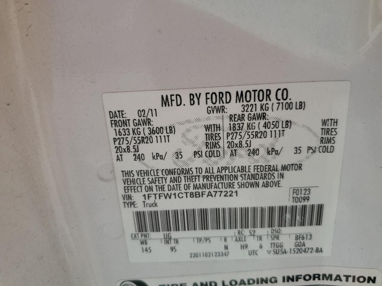 2011 Ford F150 Supercrew VIN: 1FTFW1CT8BFA77221 Lot: 81958245