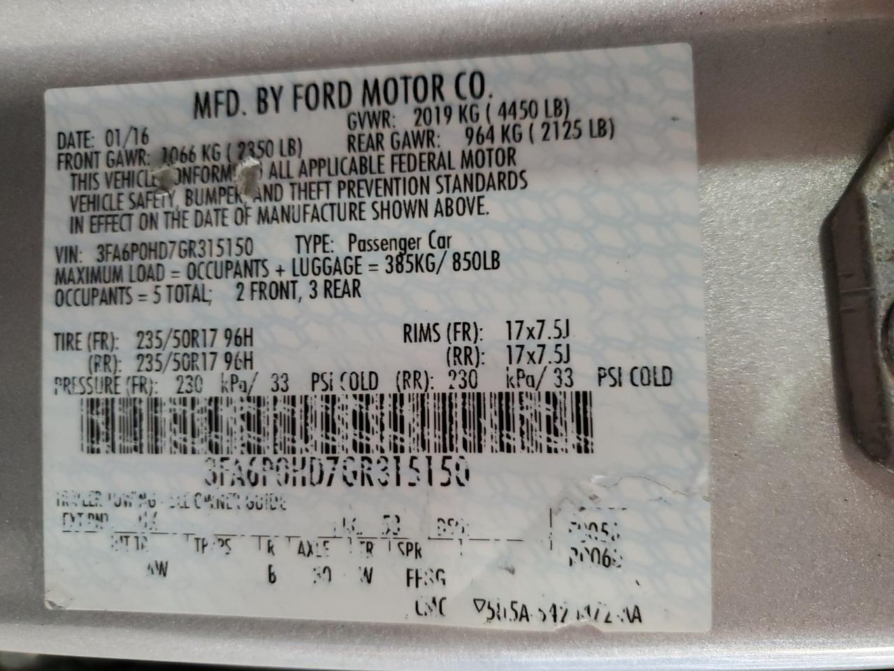 2016 Ford Fusion Se VIN: 3FA6P0HD7GR315150 Lot: 85364055