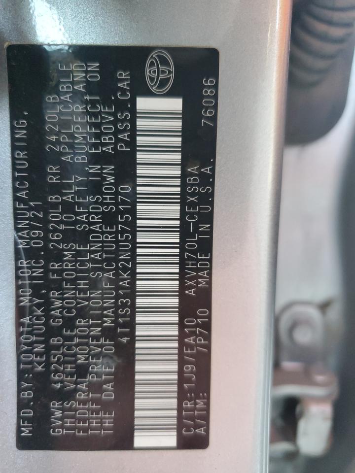 2022 Toyota Camry Night Shade VIN: 4T1S31AK2NU575170 Lot: 82214405