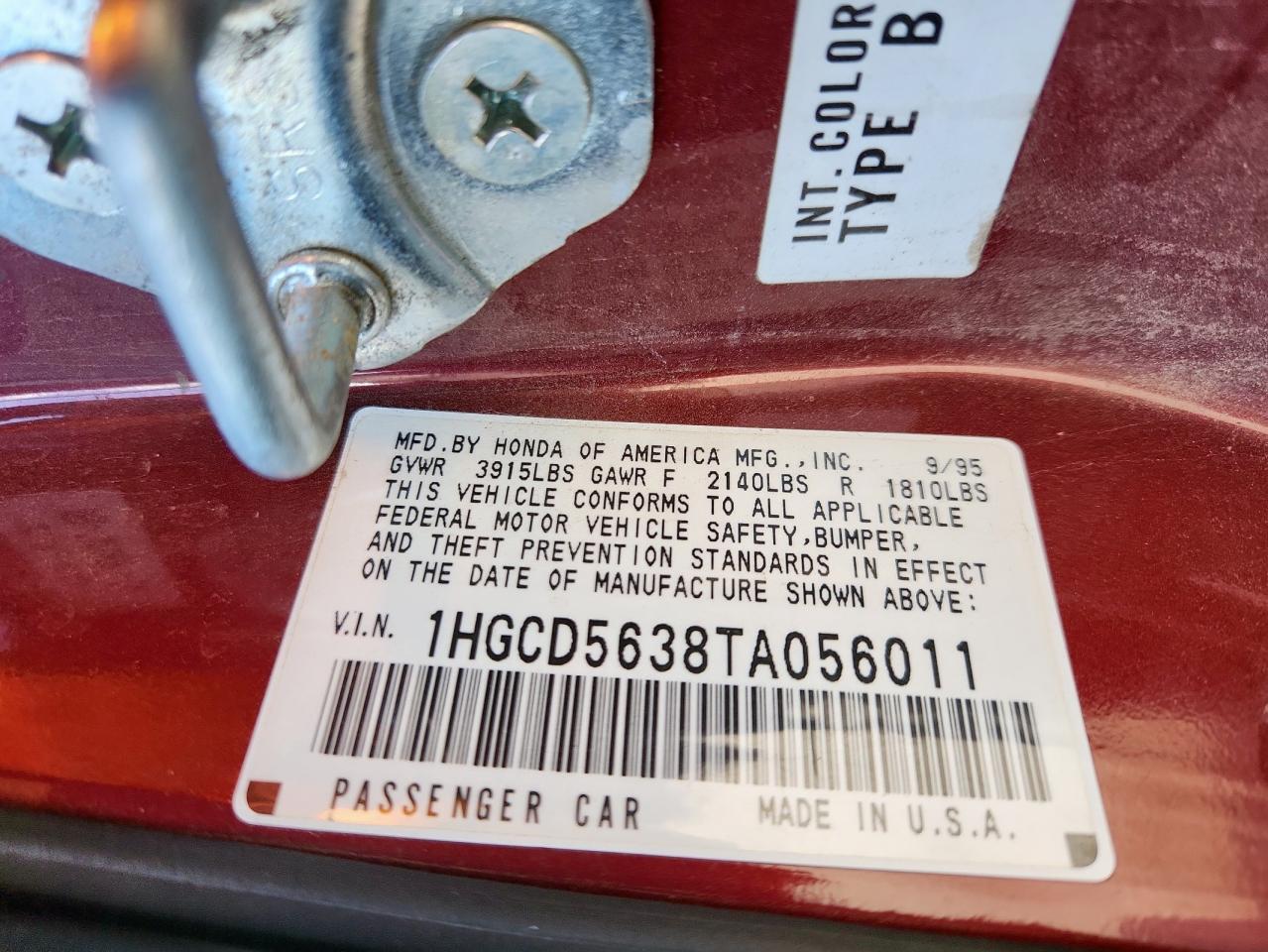 1996 Honda Accord Lx VIN: 1HGCD5638TA056011 Lot: 86280255