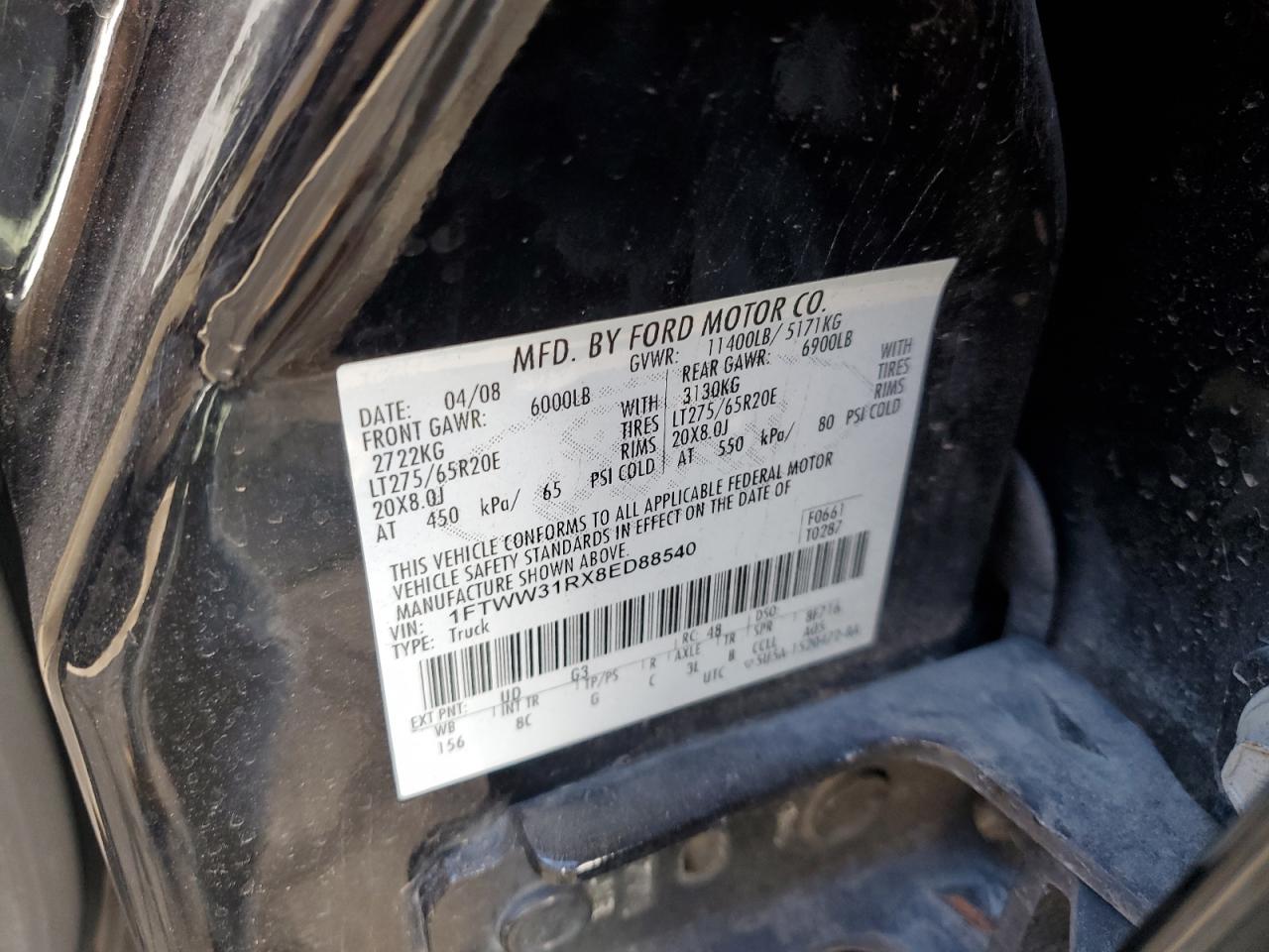 2008 Ford Super Duty F-350 W/S VIN: 1FTWW31RX8ED88540 Lot: 86783585