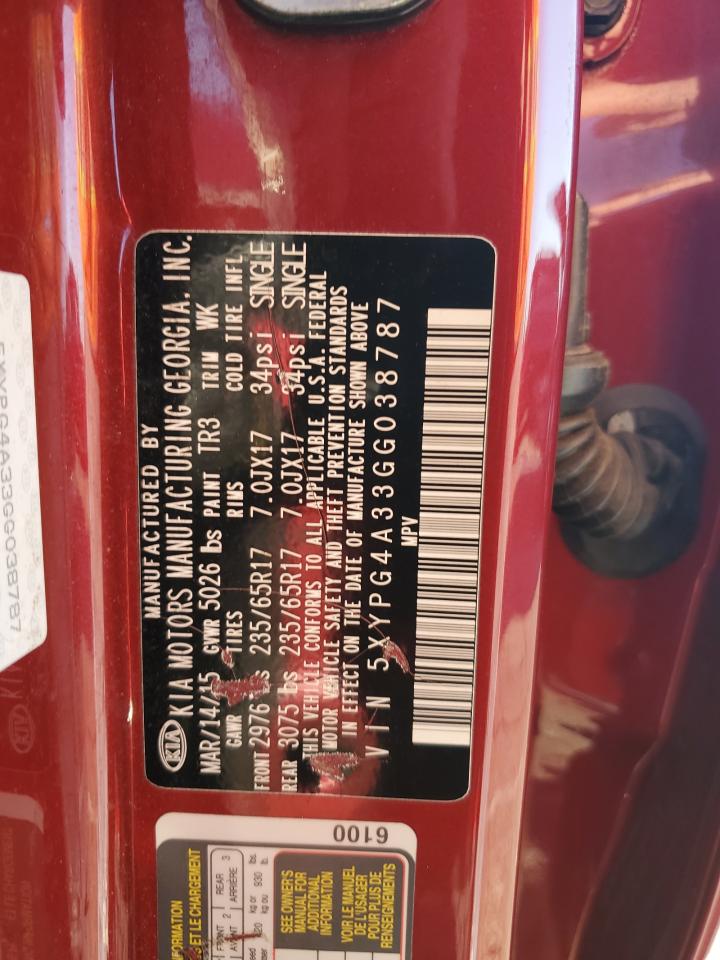 2016 Kia Sorento Lx VIN: 5XYPG4A33GG038787 Lot: 82291385