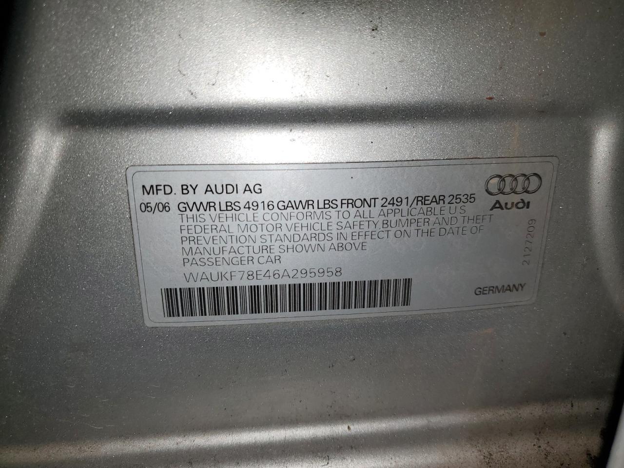 2006 Audi A4 2.0T Avant Quattro VIN: WAUKF78E46A295958 Lot: 86631255
