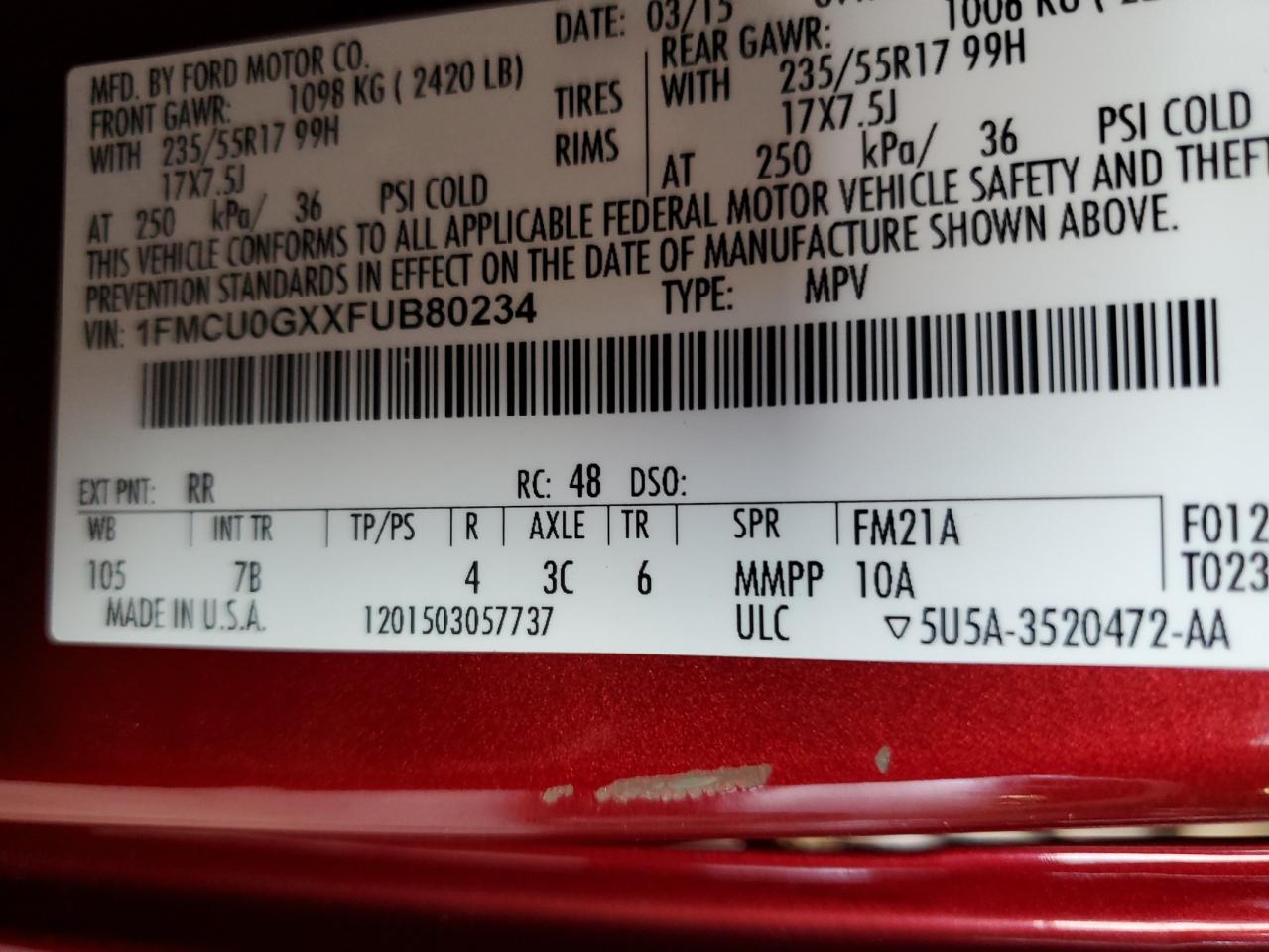 2015 Ford Escape Se VIN: 1FMCU0GXXFUB80234 Lot: 90928605