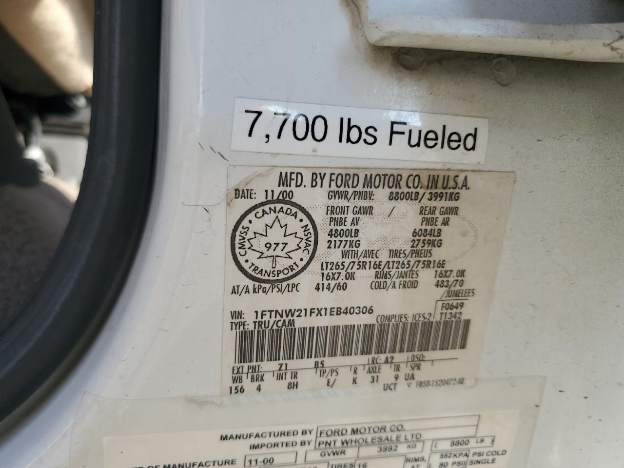 2001 Ford F250 Super Duty VIN: 1FTNW21FX1EB40306 Lot: 89712575