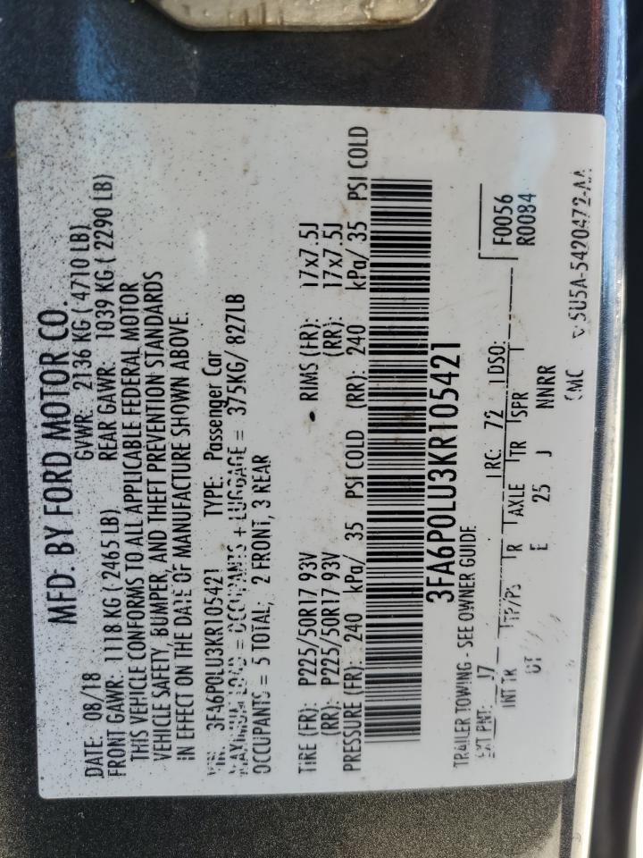 2019 Ford Fusion Se VIN: 3FA6P0LU3KR105421 Lot: 87010715