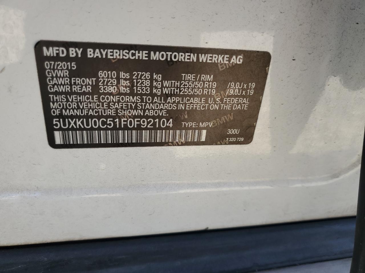 2015 BMW X6 Sdrive35I VIN: 5UXKU0C51F0F92104 Lot: 82002855