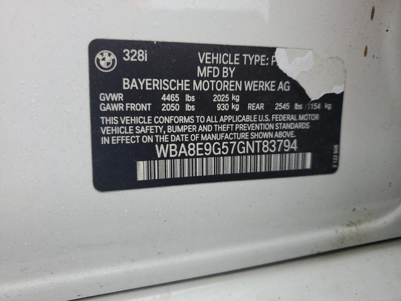 2016 BMW 328 I Sulev VIN: WBA8E9G57GNT83794 Lot: 82202855