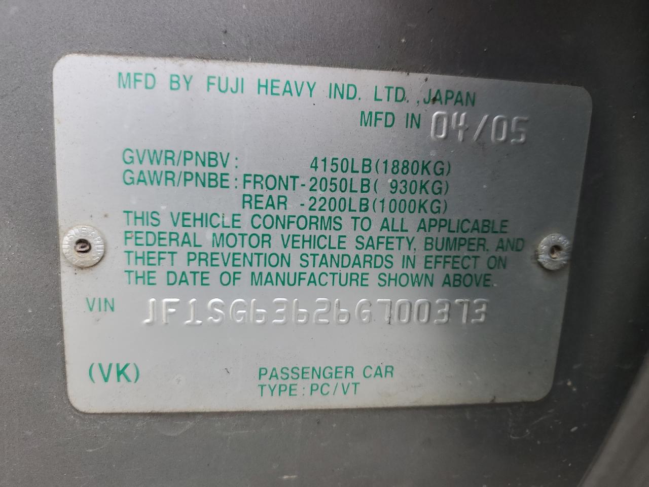 2006 Subaru Forester 2.5X VIN: JF1SG63626G700373 Lot: 81796955