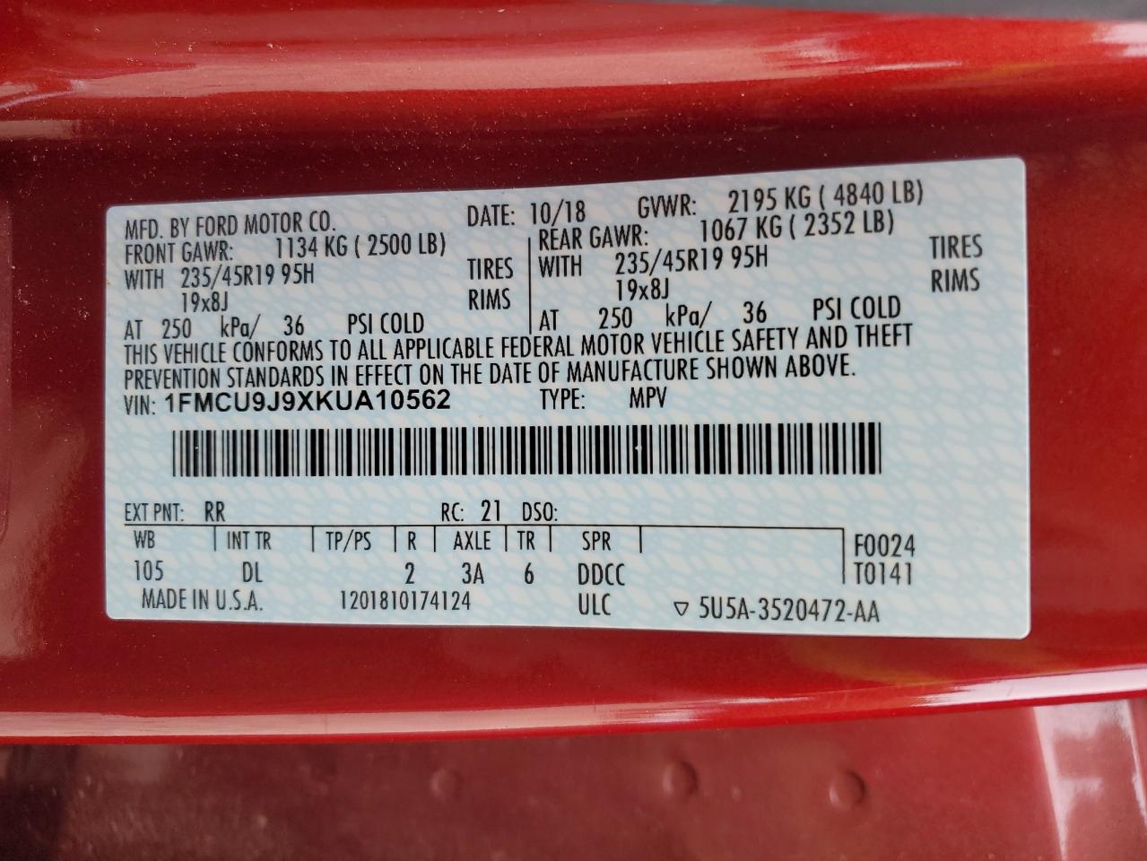 2019 Ford Escape Titanium VIN: 1FMCU9J9XKUA10562 Lot: 86141775