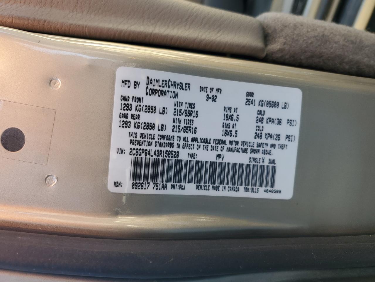 2003 Chrysler Town & Country Limited VIN: 2C8GP64L43R158528 Lot: 90536765