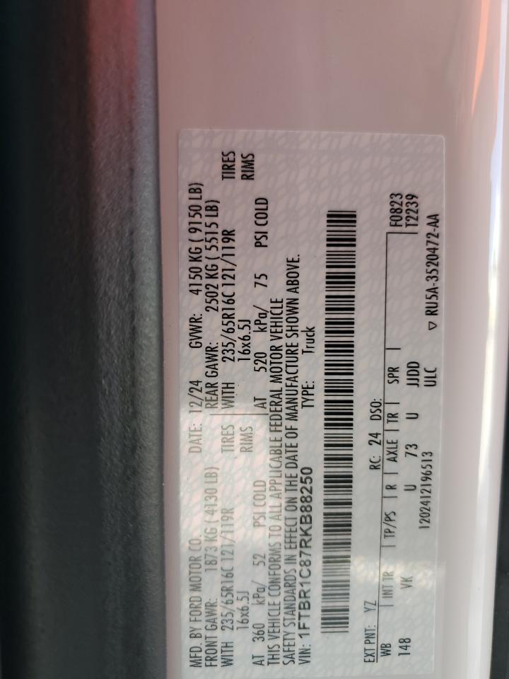 2024 Ford Transit T-250 VIN: 1FTBR1C87RKB88250 Lot: 82277515