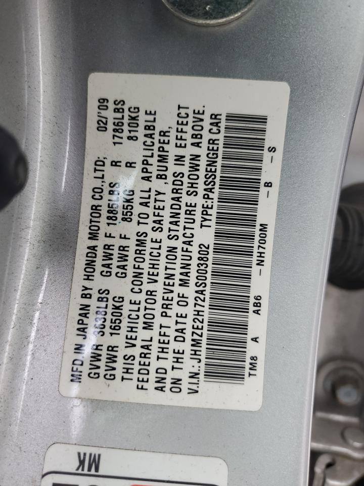 2010 Honda Insight Ex VIN: JHMZE2H72AS003802 Lot: 85243465