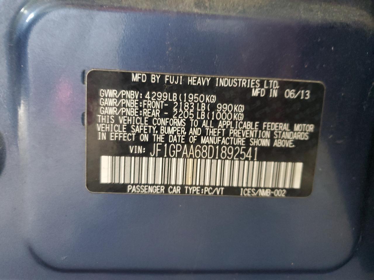 2013 Subaru Impreza VIN: JF1GPAA68D1892541 Lot: 85584785