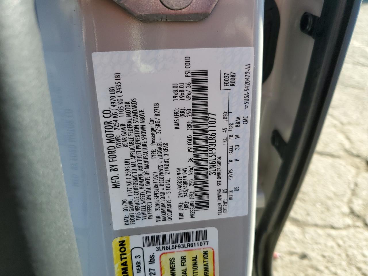 2020 Lincoln Mkz Reserve VIN: 3LN6L5F93LR611077 Lot: 85196405