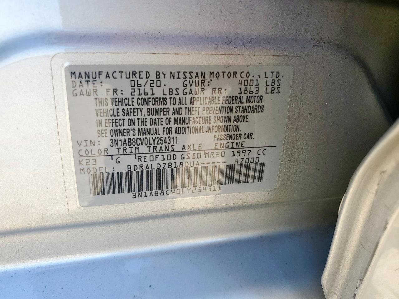 2020 Nissan Sentra Sv VIN: 3N1AB8CV0LY254311 Lot: 86283495