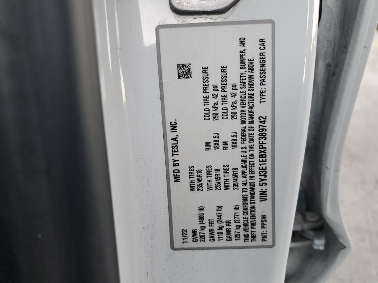 2023 Tesla Model 3 VIN: 5YJ3E1EBXPF389742 Lot: 87443835