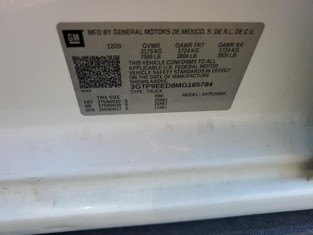 2021 GMC Sierra K1500 At4 VIN: 3GTP9EED8MG185784 Lot: 85728765