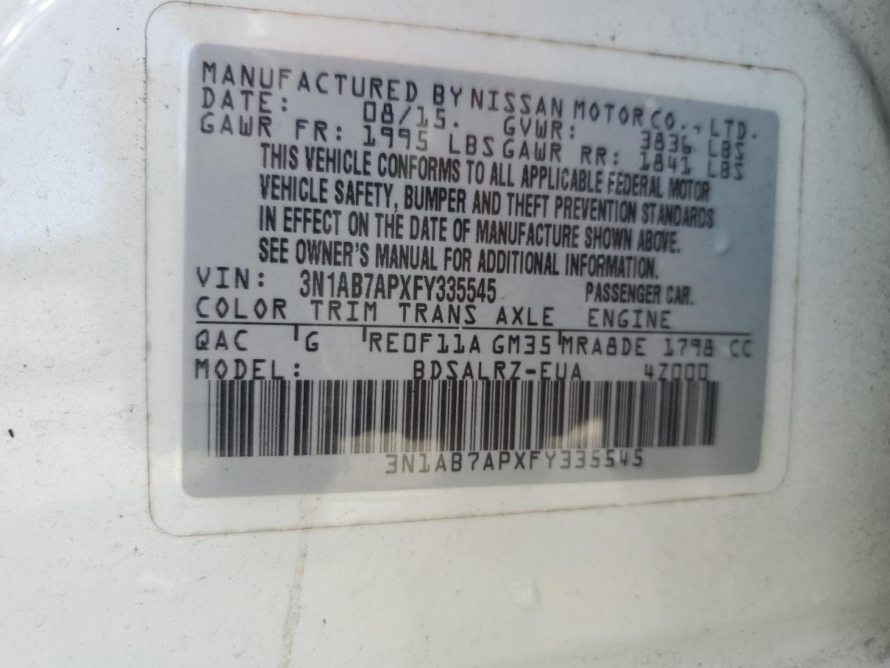 2015 Nissan Sentra S VIN: 3N1AB7APXFY335545 Lot: 87216405
