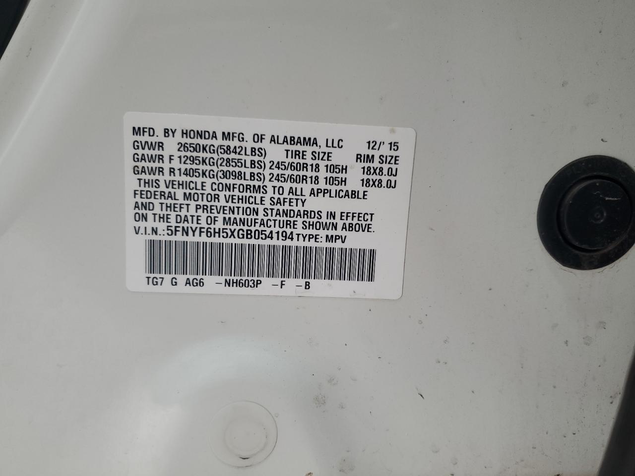 2016 Honda Pilot Exl VIN: 5FNYF6H5XGB054194 Lot: 87379545