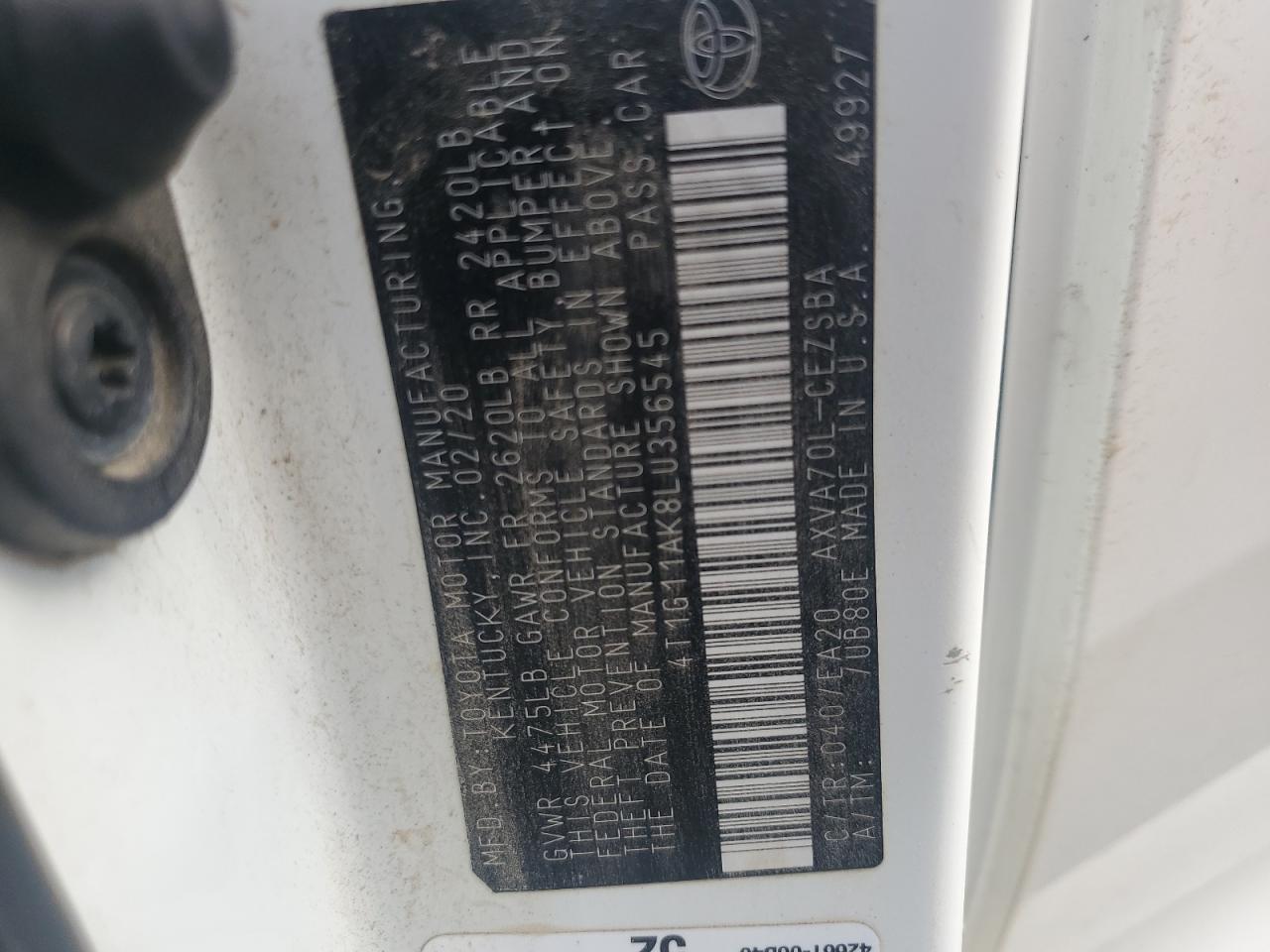 2020 Toyota Camry Se VIN: 4T1G11AK8LU356545 Lot: 85492765