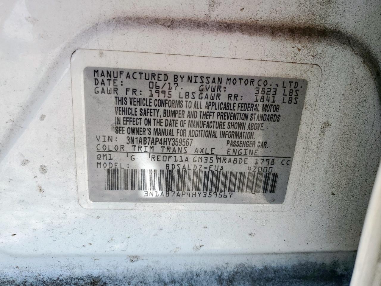 2017 Nissan Sentra S VIN: 3N1AB7AP4HY359567 Lot: 85883465