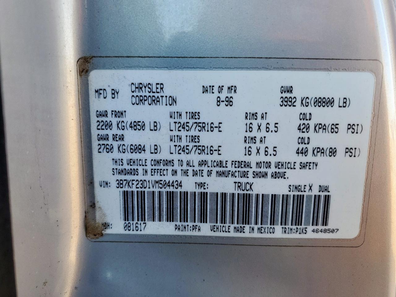 1997 Dodge Ram 2500 VIN: 3B7KF23D1VM504434 Lot: 82277865