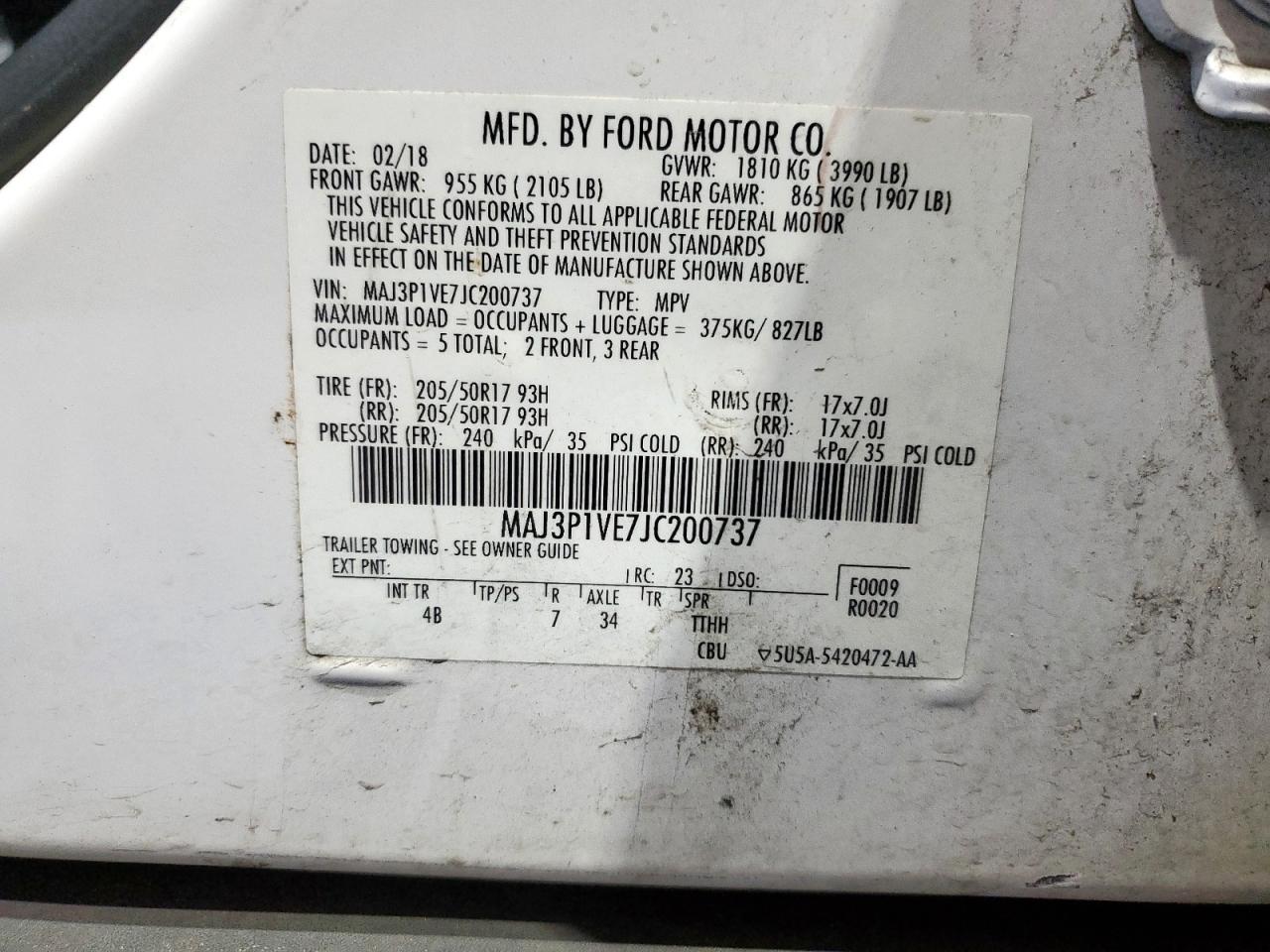 2018 Ford Ecosport Titanium VIN: MAJ3P1VE7JC200737 Lot: 90068415