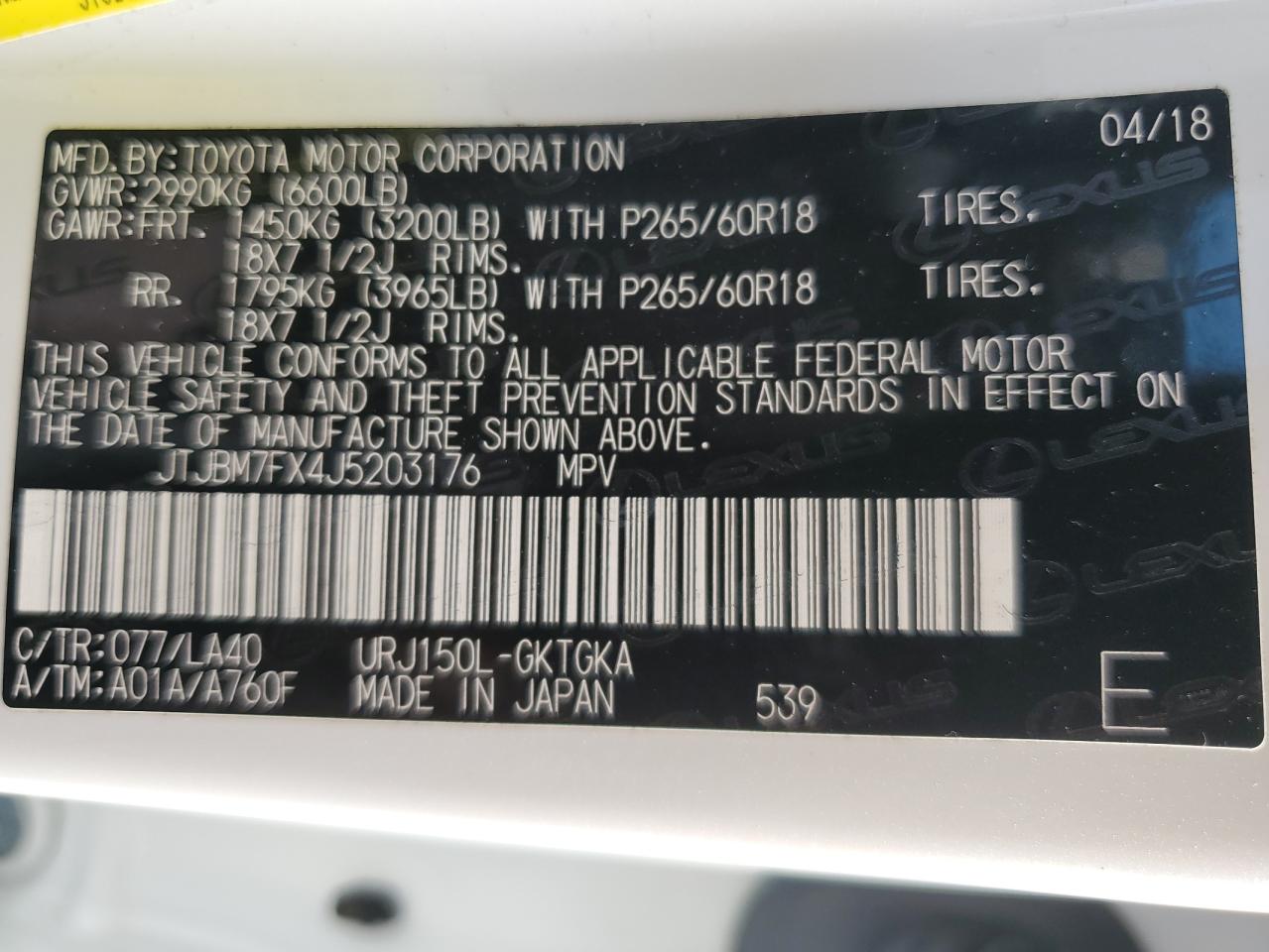 2018 Lexus Gx 460 VIN: JTJBM7FX4J5203176 Lot: 84918855