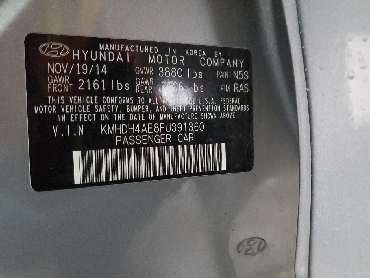 2015 Hyundai Elantra Se VIN: KMHDH4AE8FU391360 Lot: 86814905