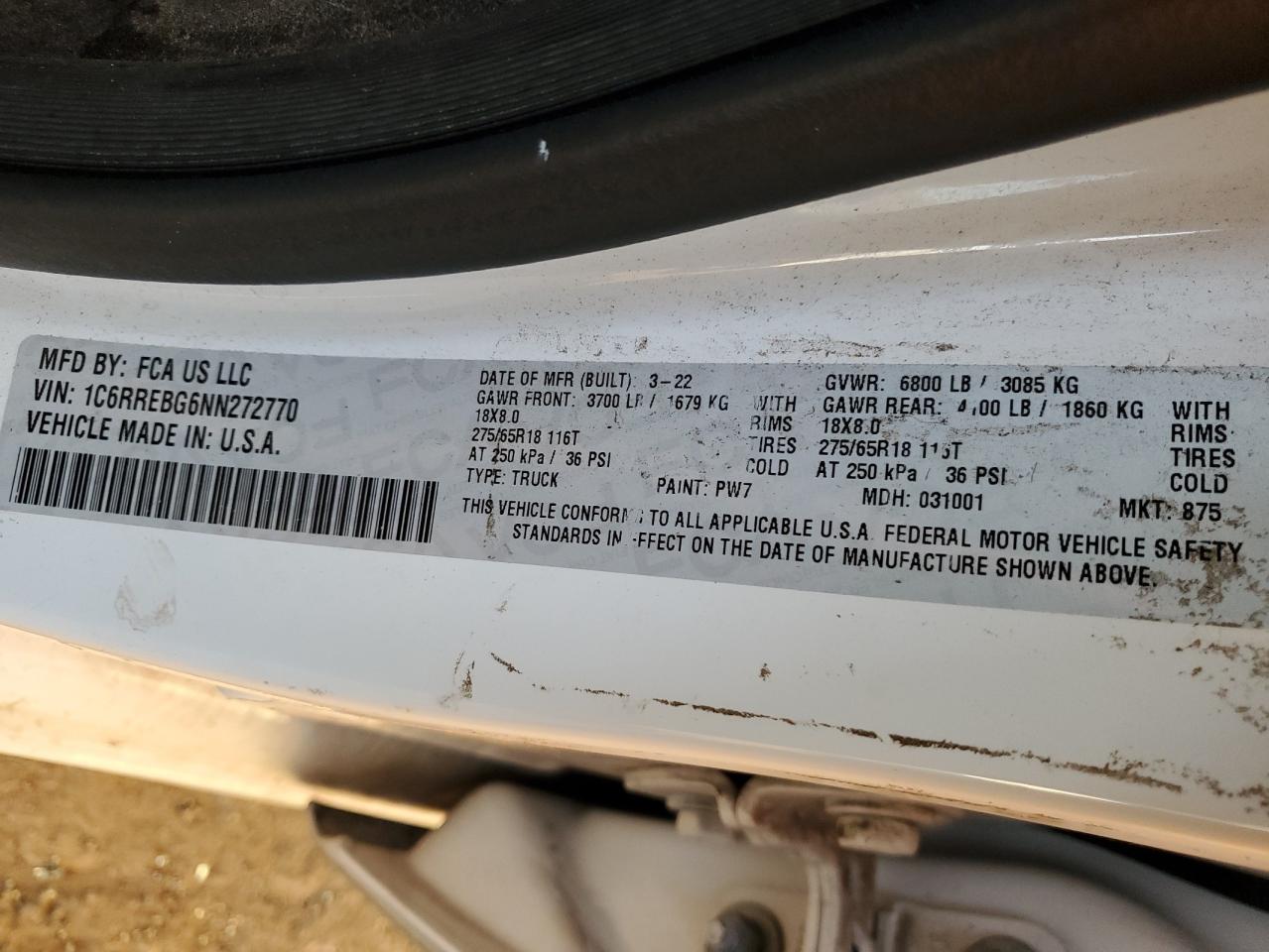 2022 Ram 1500 Big Horn/Lone Star VIN: 1C6RREBG6NN272770 Lot: 92933005