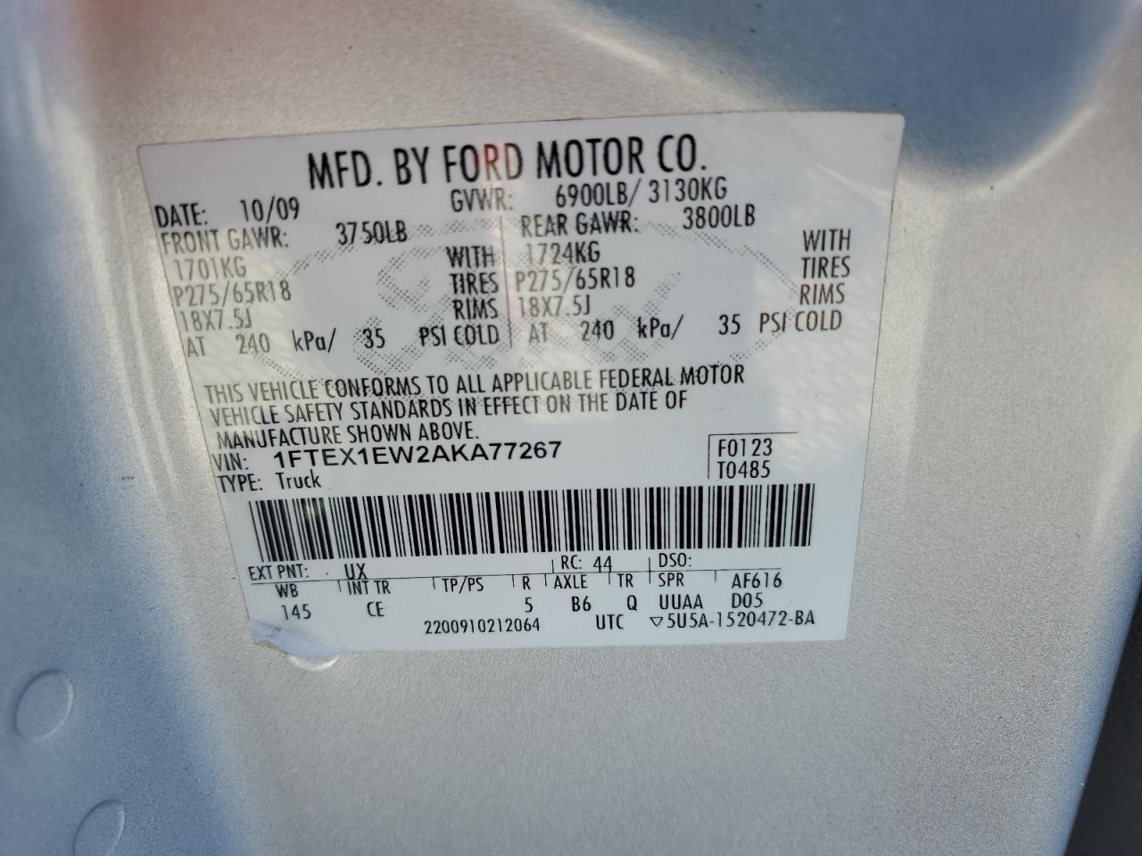 2010 Ford F150 Super Cab VIN: 1FTEX1EW2AKA77267 Lot: 89905185