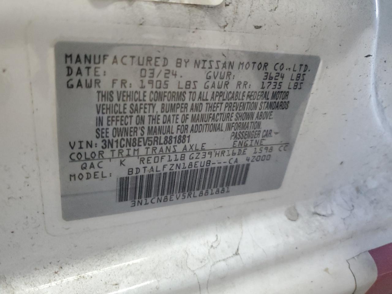 2024 Nissan Versa Sv VIN: 3N1CN8EV5RL881881 Lot: 85119125