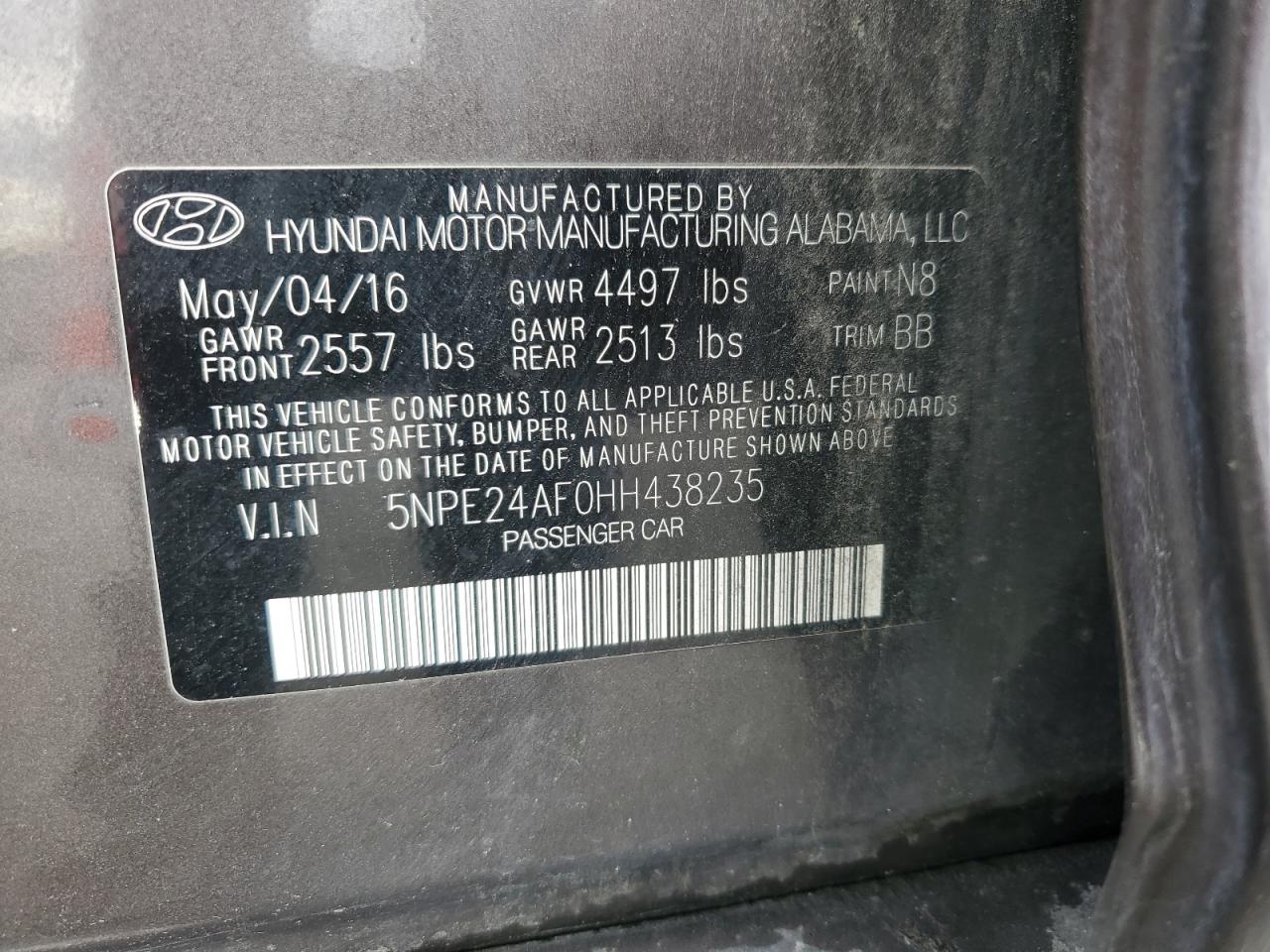 2017 Hyundai Sonata Se VIN: 5NPE24AF0HH438235 Lot: 85541955