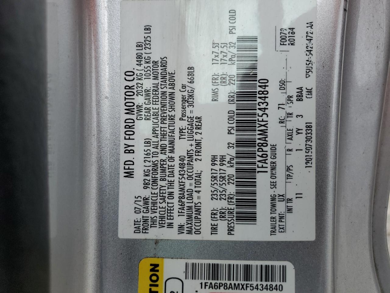 2015 Ford Mustang VIN: 1FA6P8AMXF5434840 Lot: 85901145