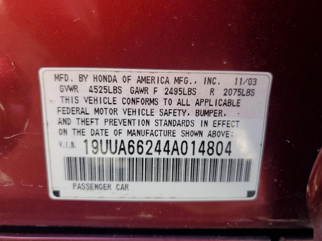 2004 Acura Tl VIN: 19UUA66244A014804 Lot: 86650225