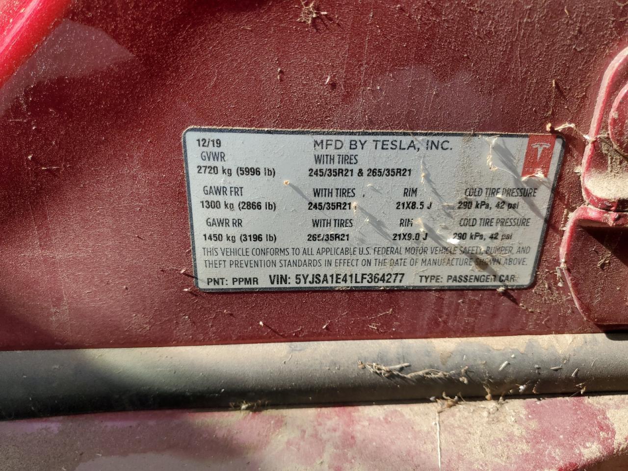 2020 Tesla Model S VIN: 5YJSA1E41LF364277 Lot: 85149565
