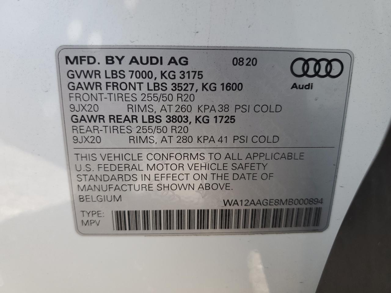 2021 Audi E-Tron Sportback Premium Plus VIN: WA12AAGE8MB000894 Lot: 82350485
