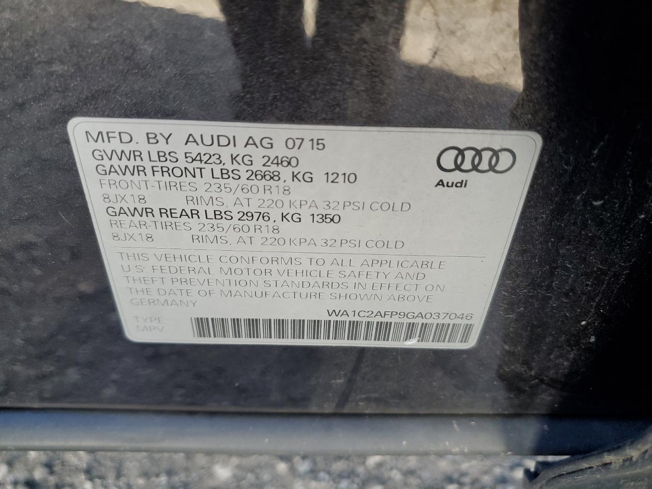 2016 Audi Q5 Premium VIN: WA1C2AFP9GA037046 Lot: 86317895