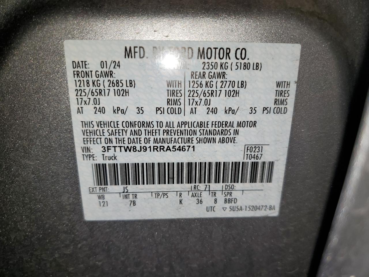 2024 Ford Maverick Xlt VIN: 3FTTW8J91RRA54671 Lot: 86198895