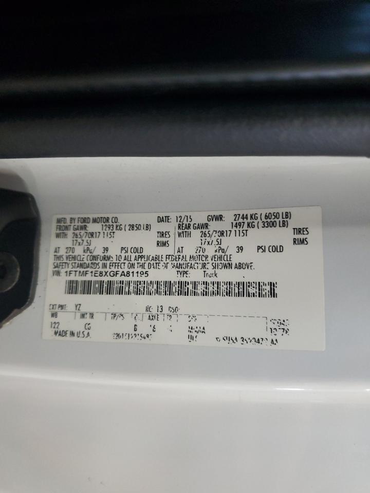 2016 Ford F150 VIN: 1FTMF1E8XGFA81195 Lot: 86632435
