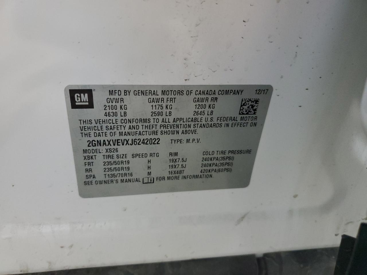 2018 Chevrolet Equinox Premier VIN: 2GNAXVEVXJ6242022 Lot: 84790465