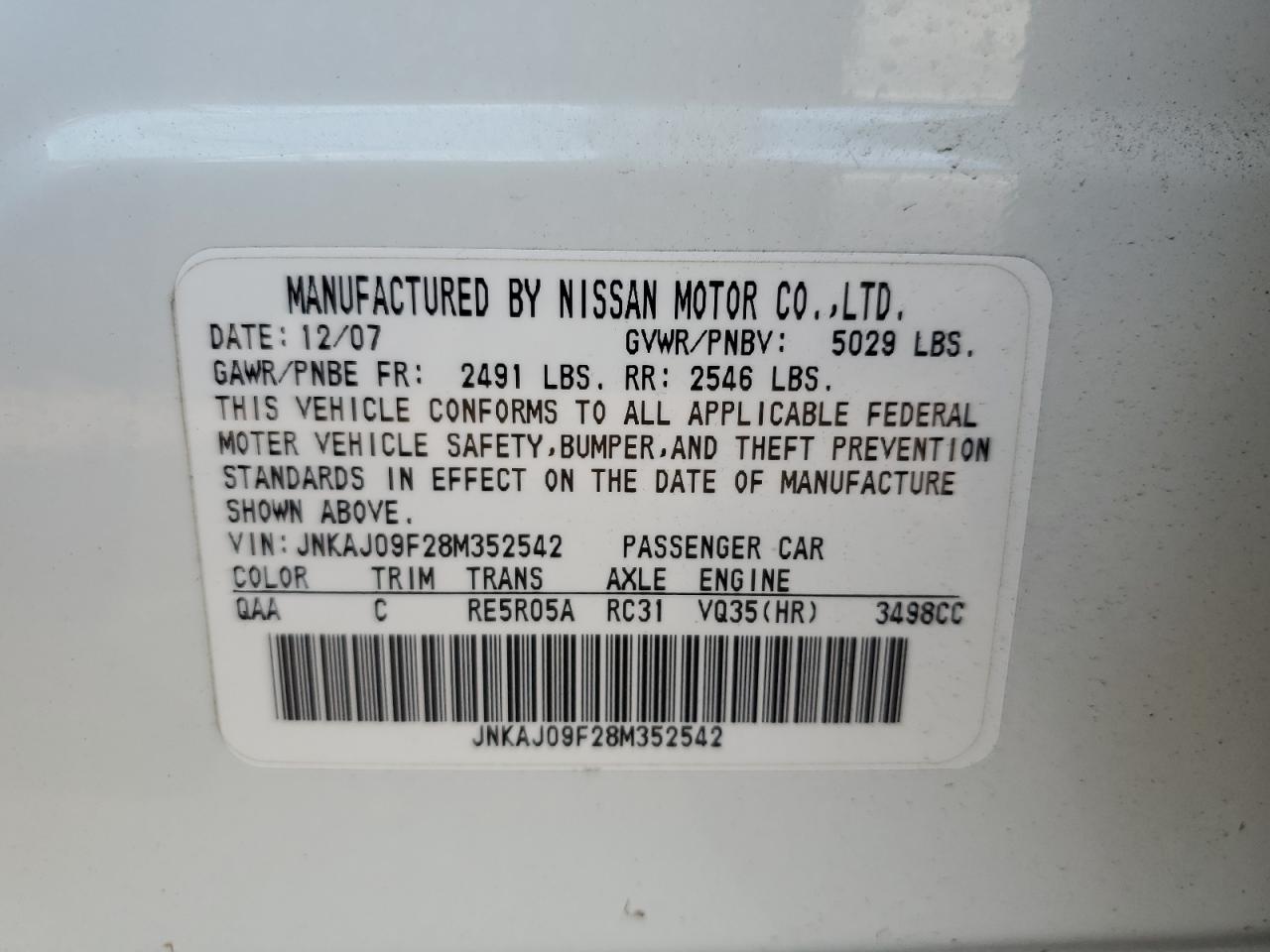 2008 Infiniti Ex35 Base VIN: JNKAJ09F28M352542 Lot: 84743835