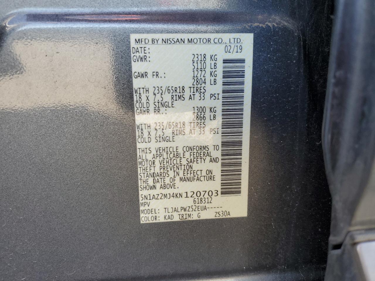 2019 Nissan Murano S VIN: 5N1AZ2MJ4KN120703 Lot: 87314635