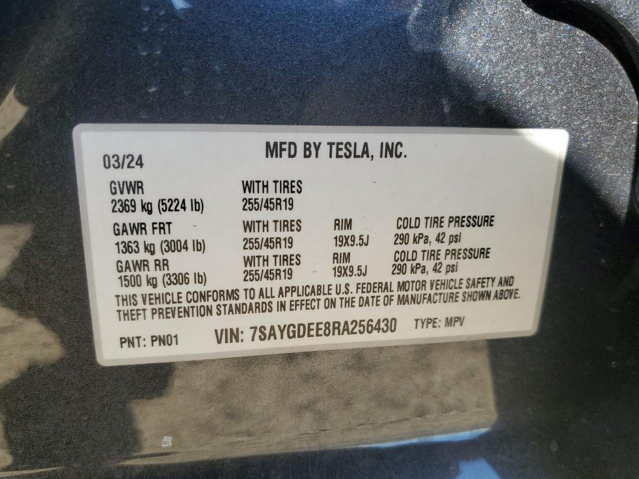 2024 Tesla Model Y VIN: 7SAYGDEE8RA256430 Lot: 87422325