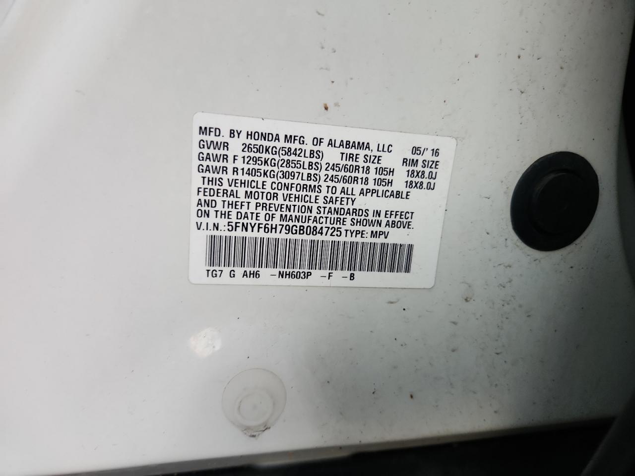 2016 Honda Pilot Exln VIN: 5FNYF6H79GB084725 Lot: 90115405