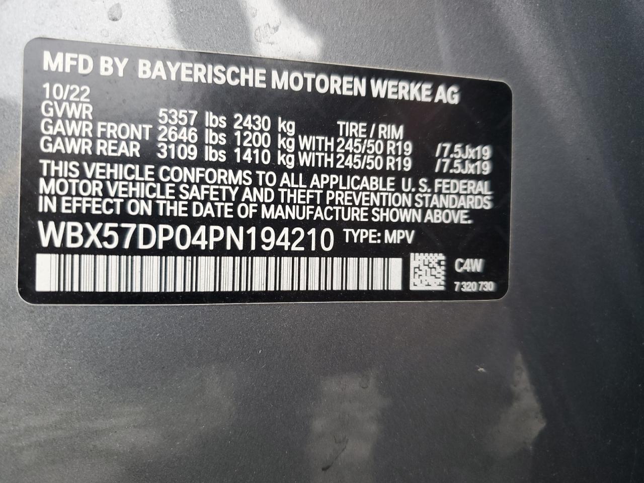 2023 BMW X3 xDrive30I VIN: WBX57DP04PN194210 Lot: 86528875