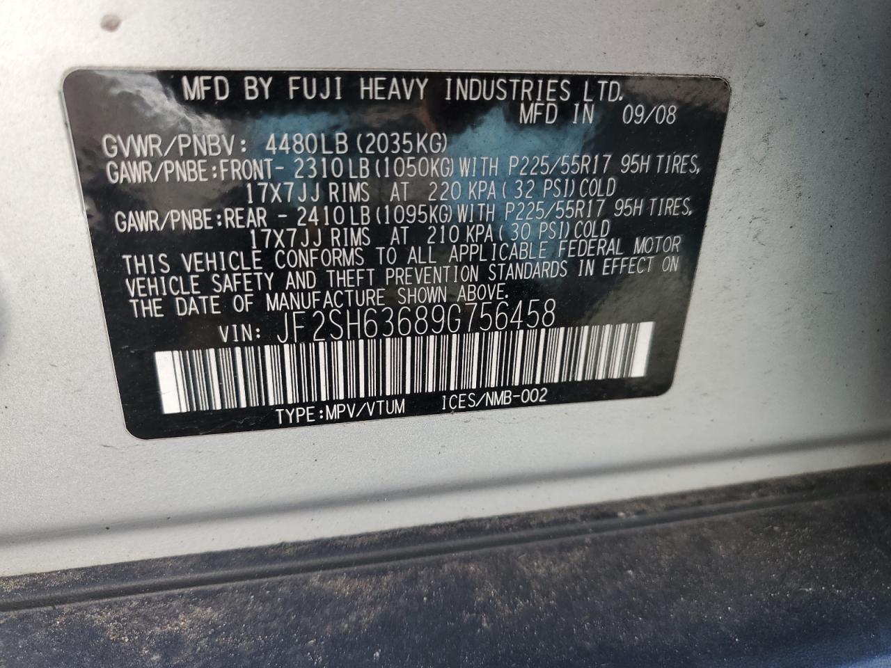 2009 Subaru Forester 2.5X Premium VIN: JF2SH63689G756458 Lot: 87053225